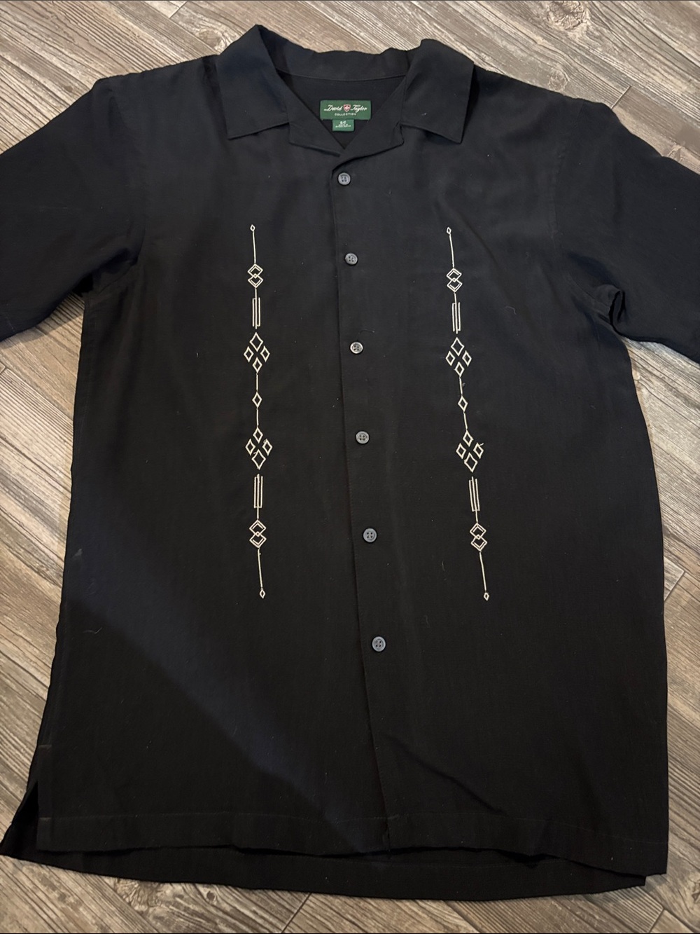 David Taylor Black Short-Sleeve Button-Down Shirt with Cream Embroidery